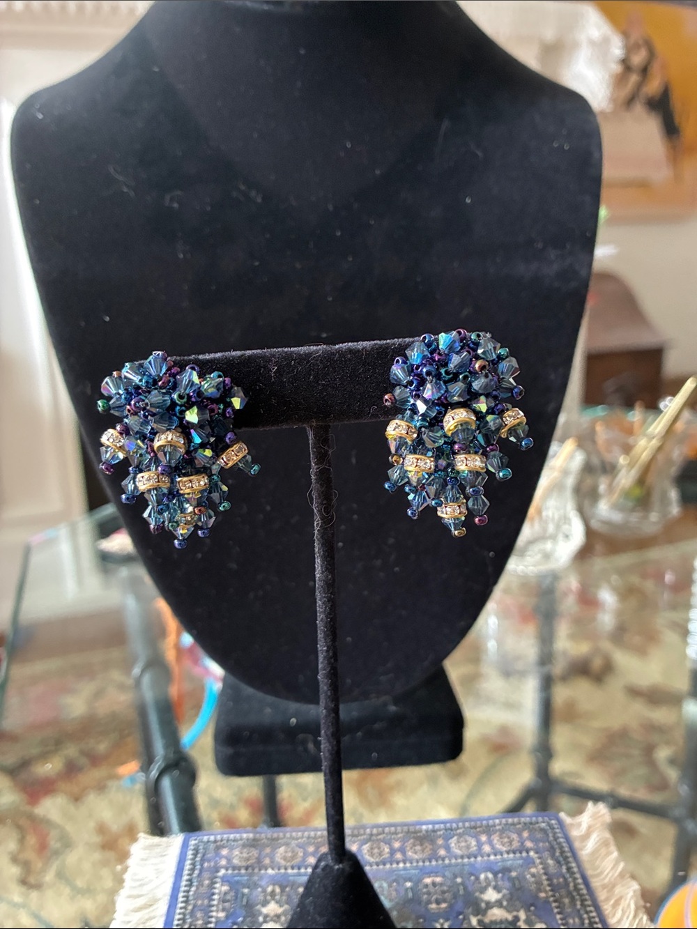 Iridescent Blue Beaded Cluster Drop Earrings - Women Jewelry